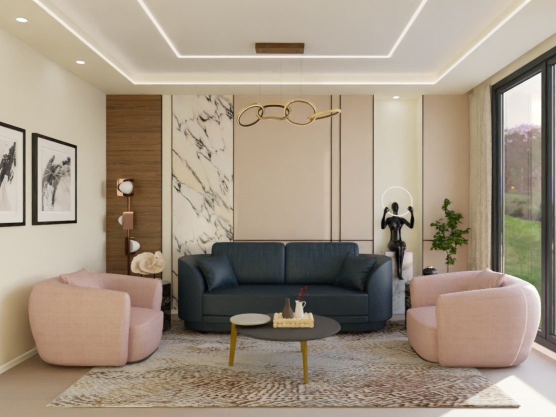 Contemporary living room with pastel chairs and blue sofa - Beautiful Homes