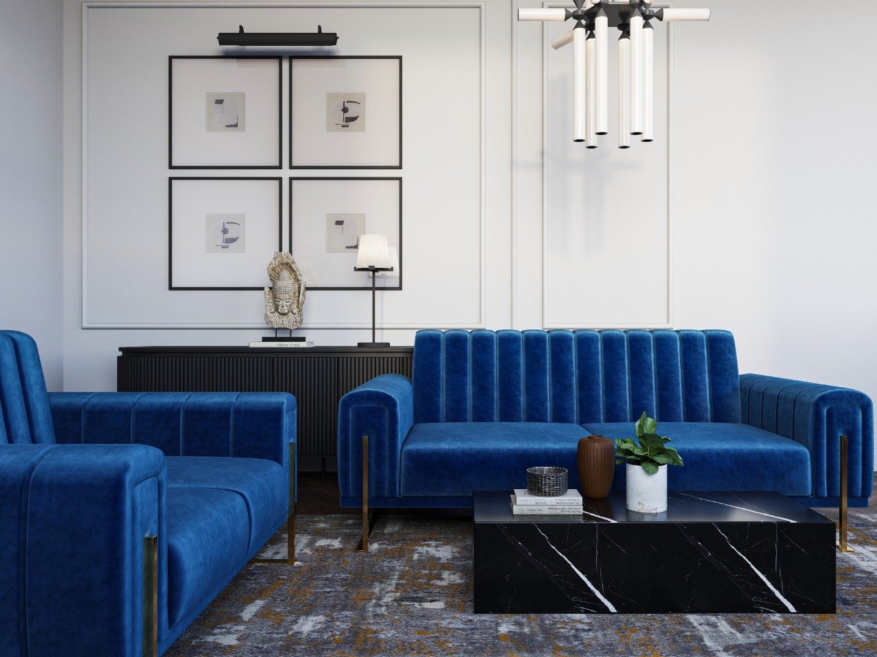 Modern living room with blue velvet sofa set and black marble coffee table - Beautiful Homes