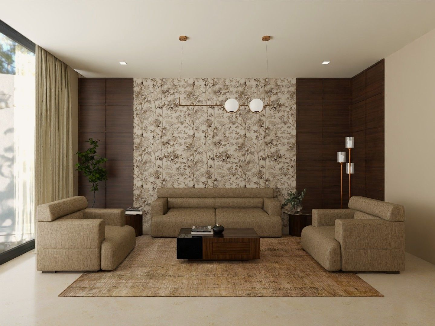 Living room featuring patterned wallpaper, cozy seating, and bronze lighting accents - Beautiful Homes