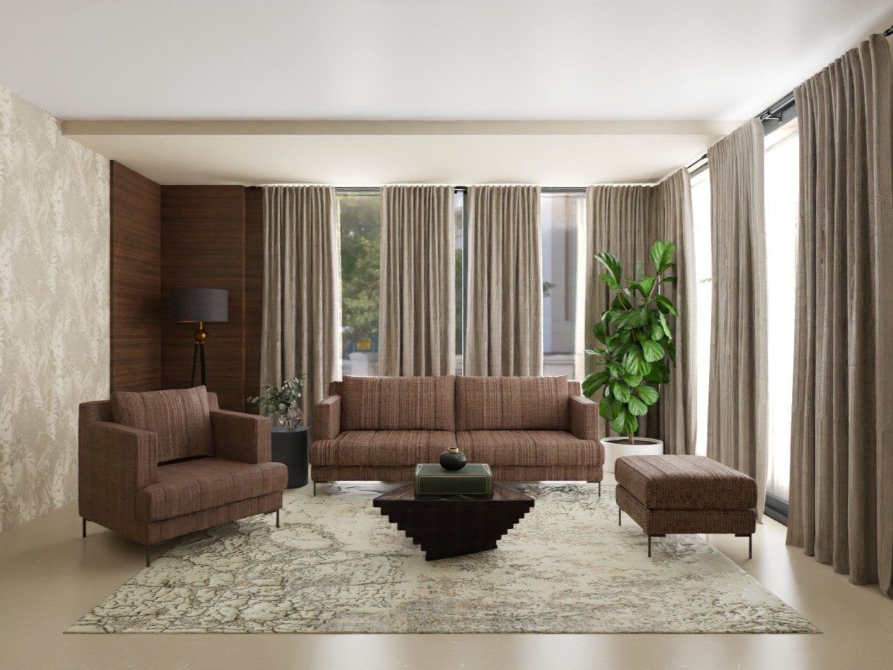 Living room with brown sofa and beige curtains - Beautiful Homes