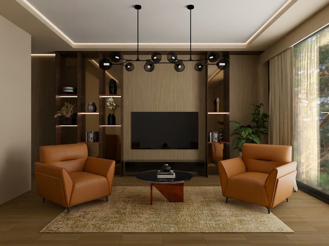 Modern living room with orange armchairs, built-in shelves, and a large TV - Beautiful Homes