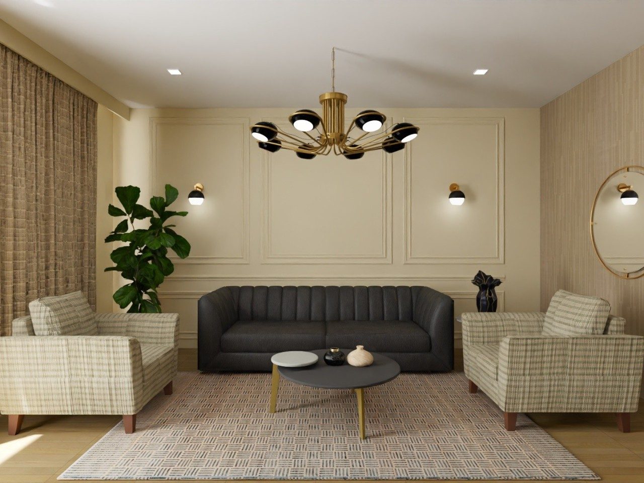 Living room with grey sofa and designer chairs - Beautiful Homes