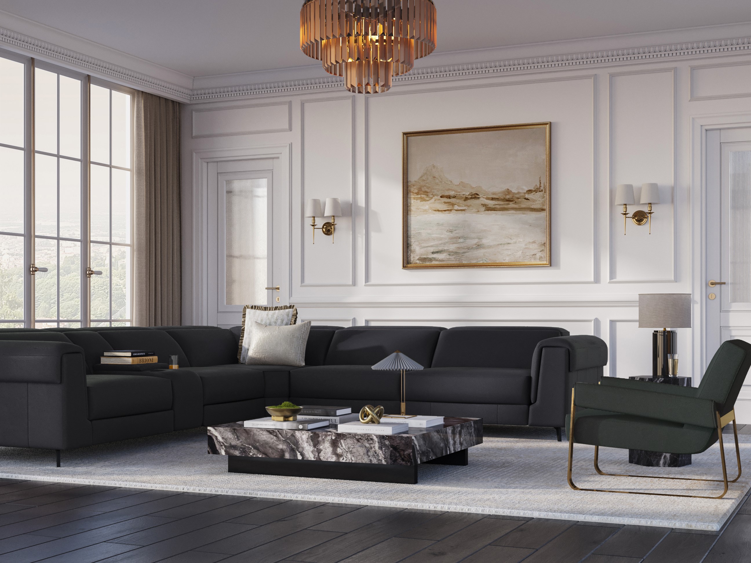 Living room with black sofa and marble table - Beautiful Homes