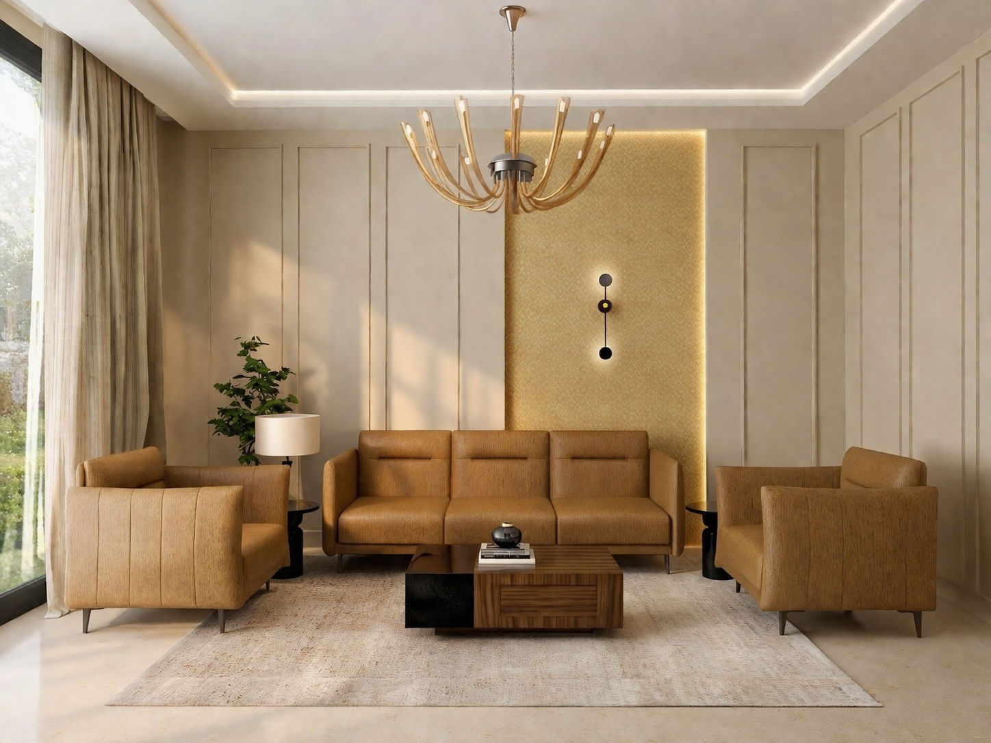 Modern living room featuring a tan sofa, geometric accent wall, and sculptural chandelier - Beautiful Homes