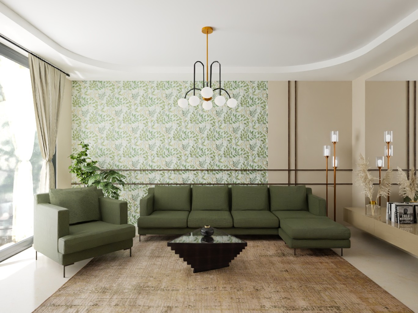 Living room with green sofa and modern chandelier - Beautiful Homes