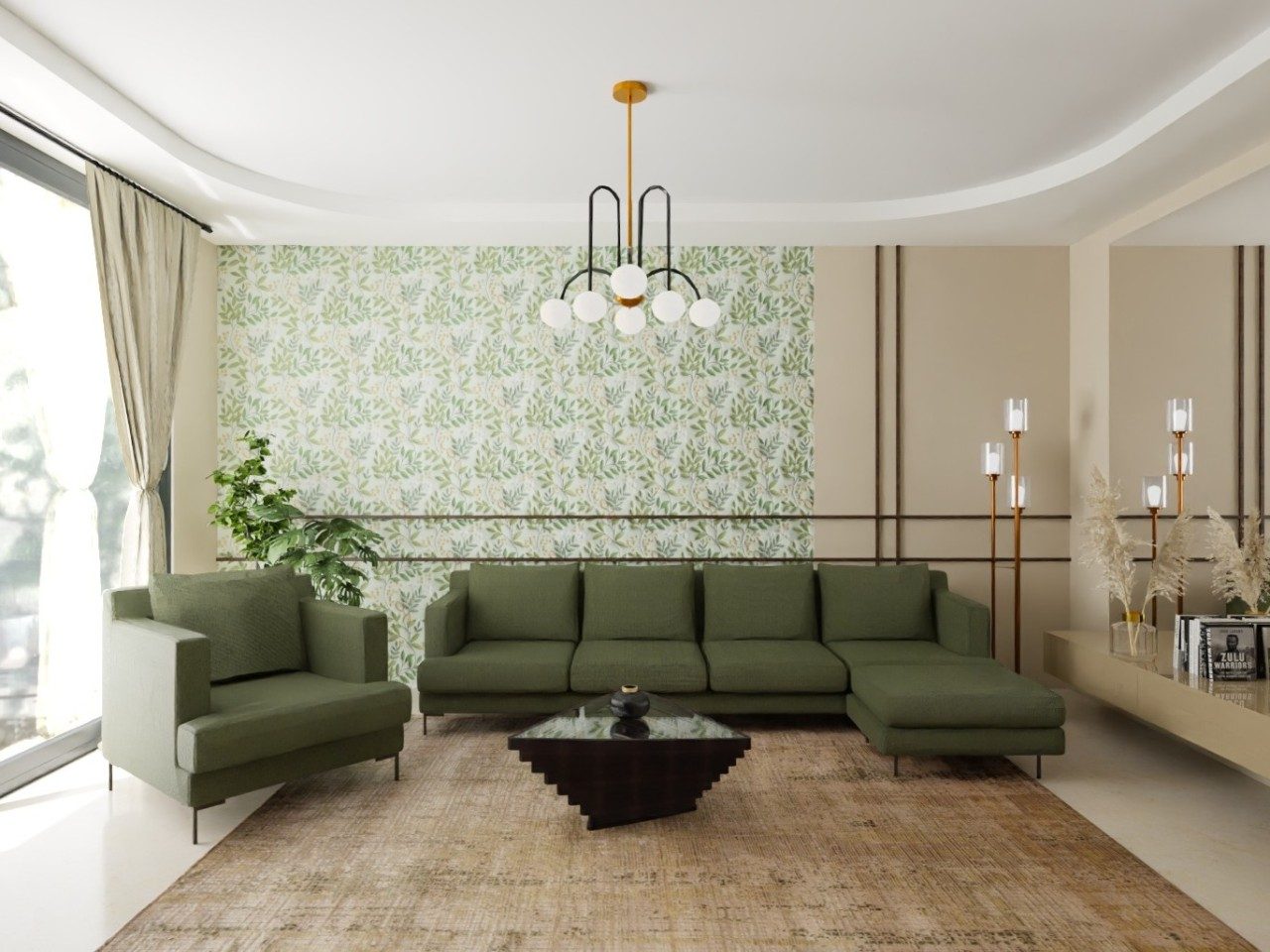 Living room with green sofa and modern chandelier - Beautiful Homes