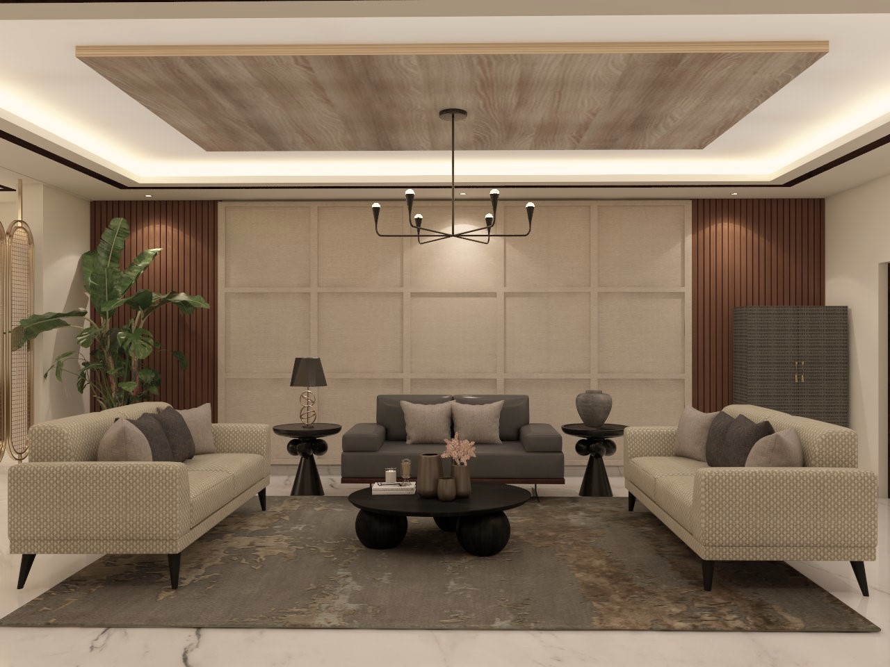 Living room with grey sofa and wooden ceiling - Beautiful Homes