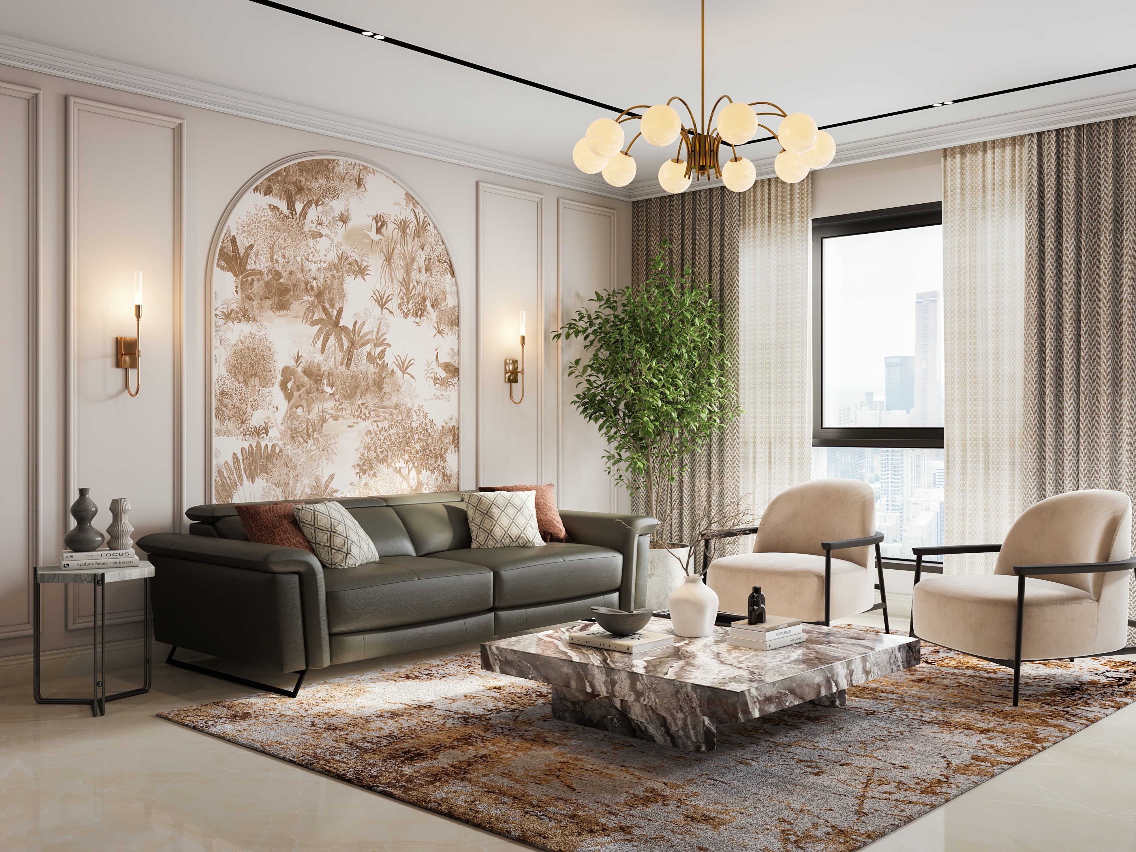 Classic contemporary living room with arched wallpaper and marble coffee table - Beautiful Homes