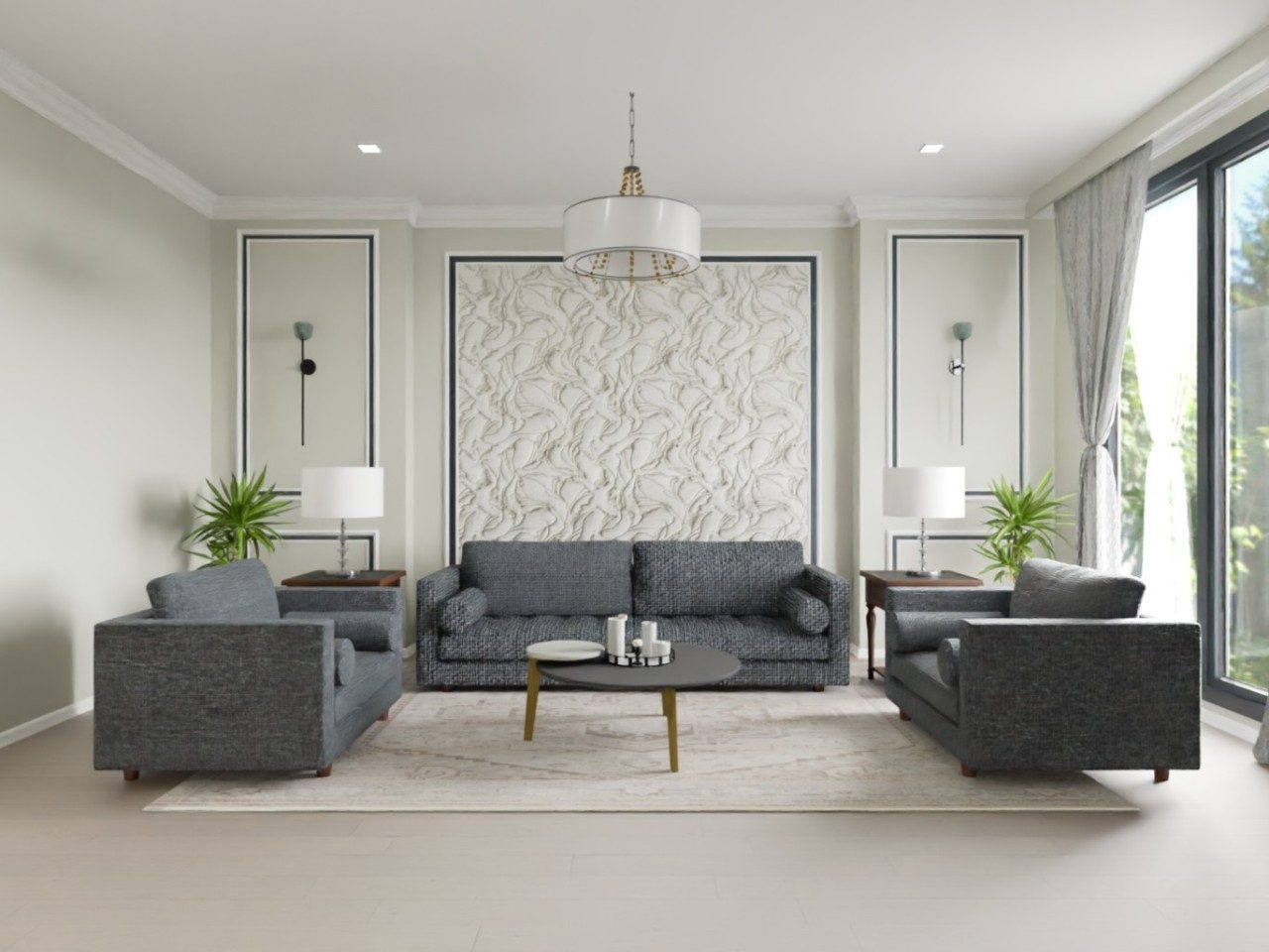 Living room with grey sofas and chandelier - Beautiful Homes