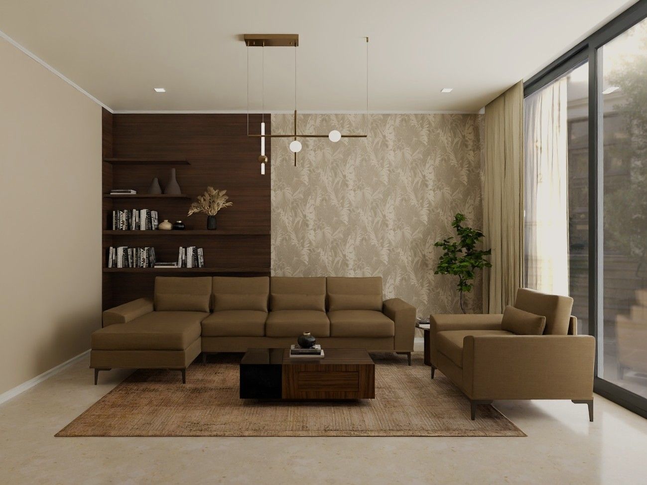 Living room featuring an L-shaped sofa, built-in shelves, and warm earthy tones - Beautiful Homes