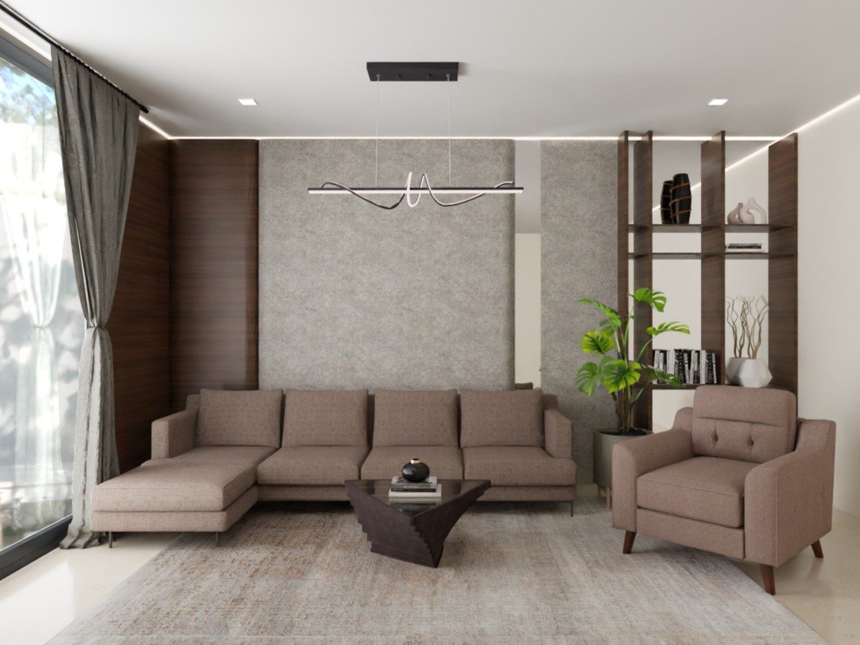 Living room with L-shaped sofa and textured wall - Beautiful Homes