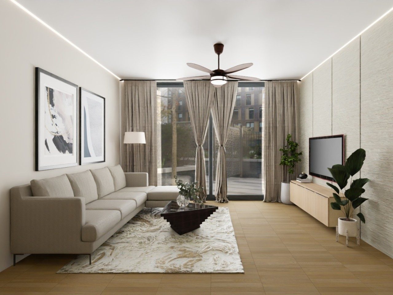 Living room with beige sofa and modern décor - Beautiful Homes
