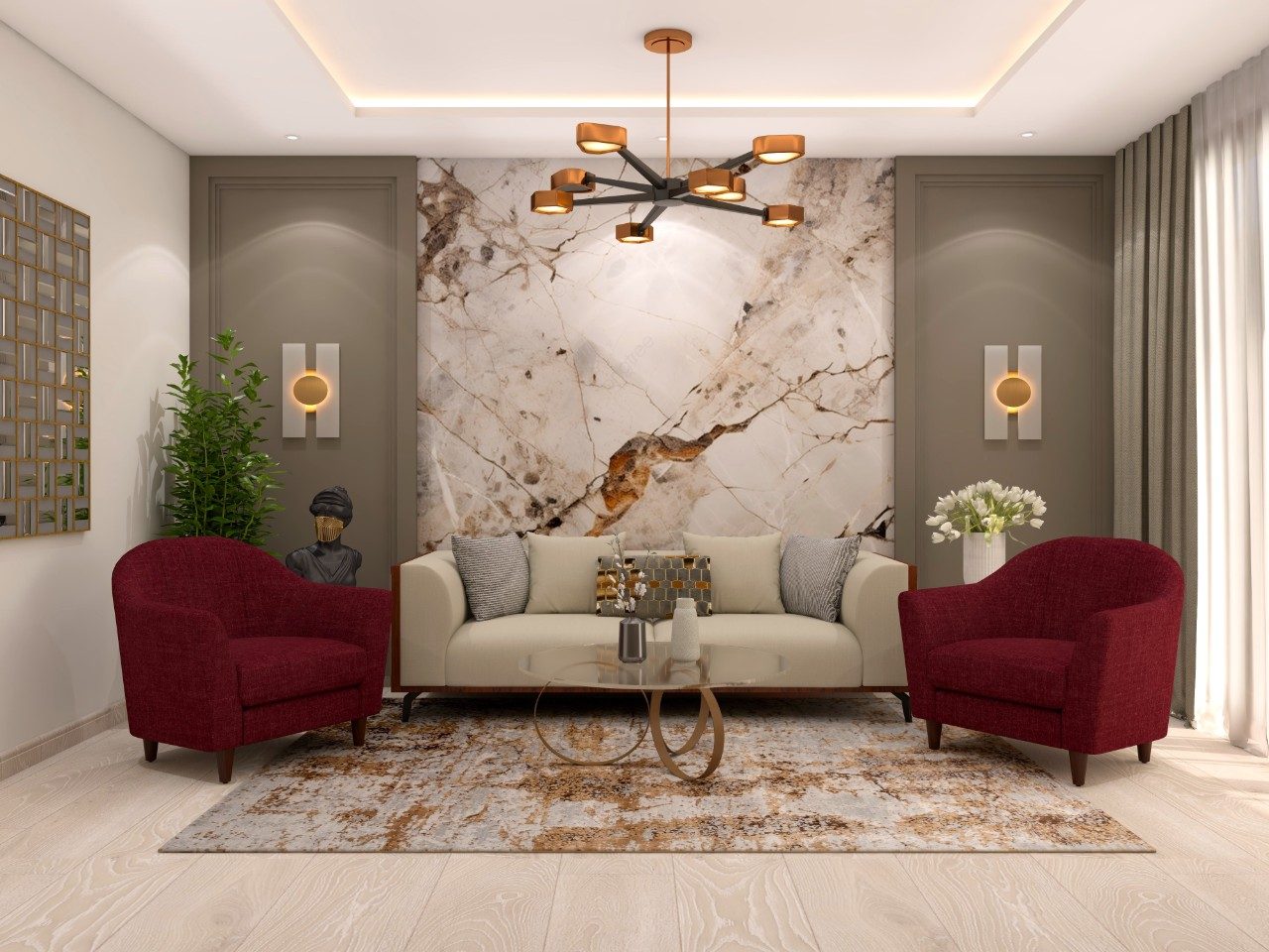 Classic contemporary living room with red accent chairs - Beautiful Homes