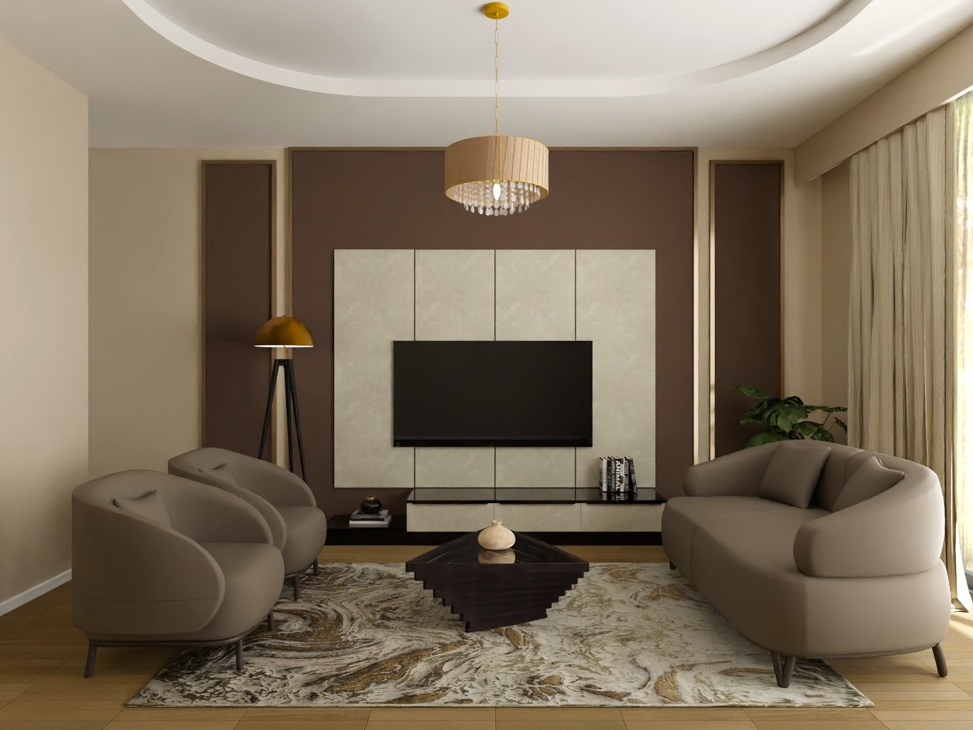 Modern living room with beige sofa and wooden flooring - Beautiful Homes