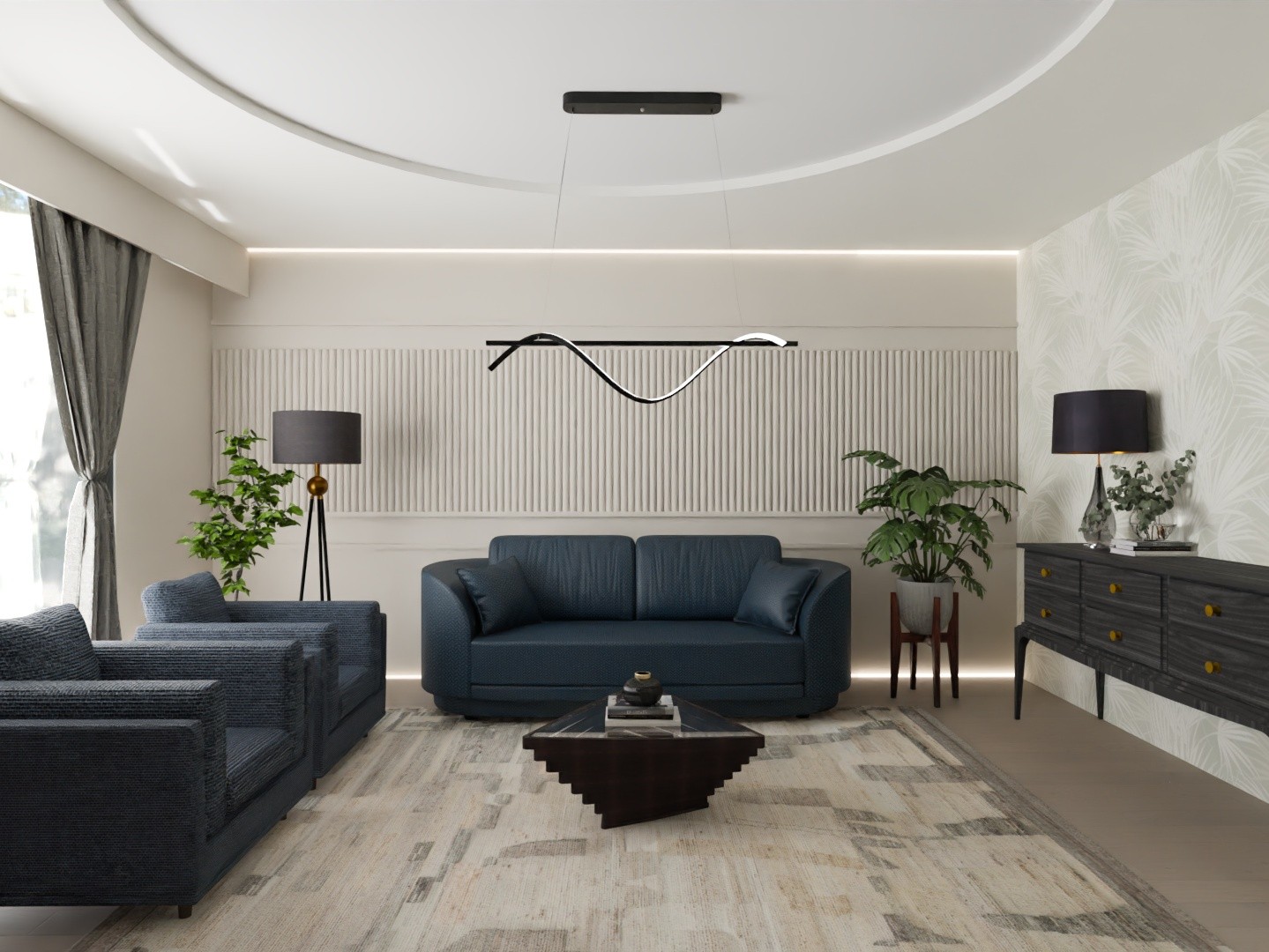 Living room with navy sofa and wooden table - Beautiful Homes