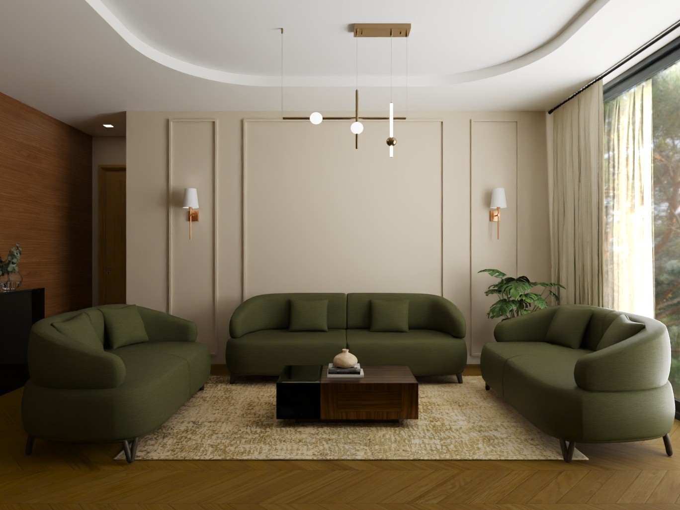 Modern living room with green sofas and wooden table - Beautiful Homes