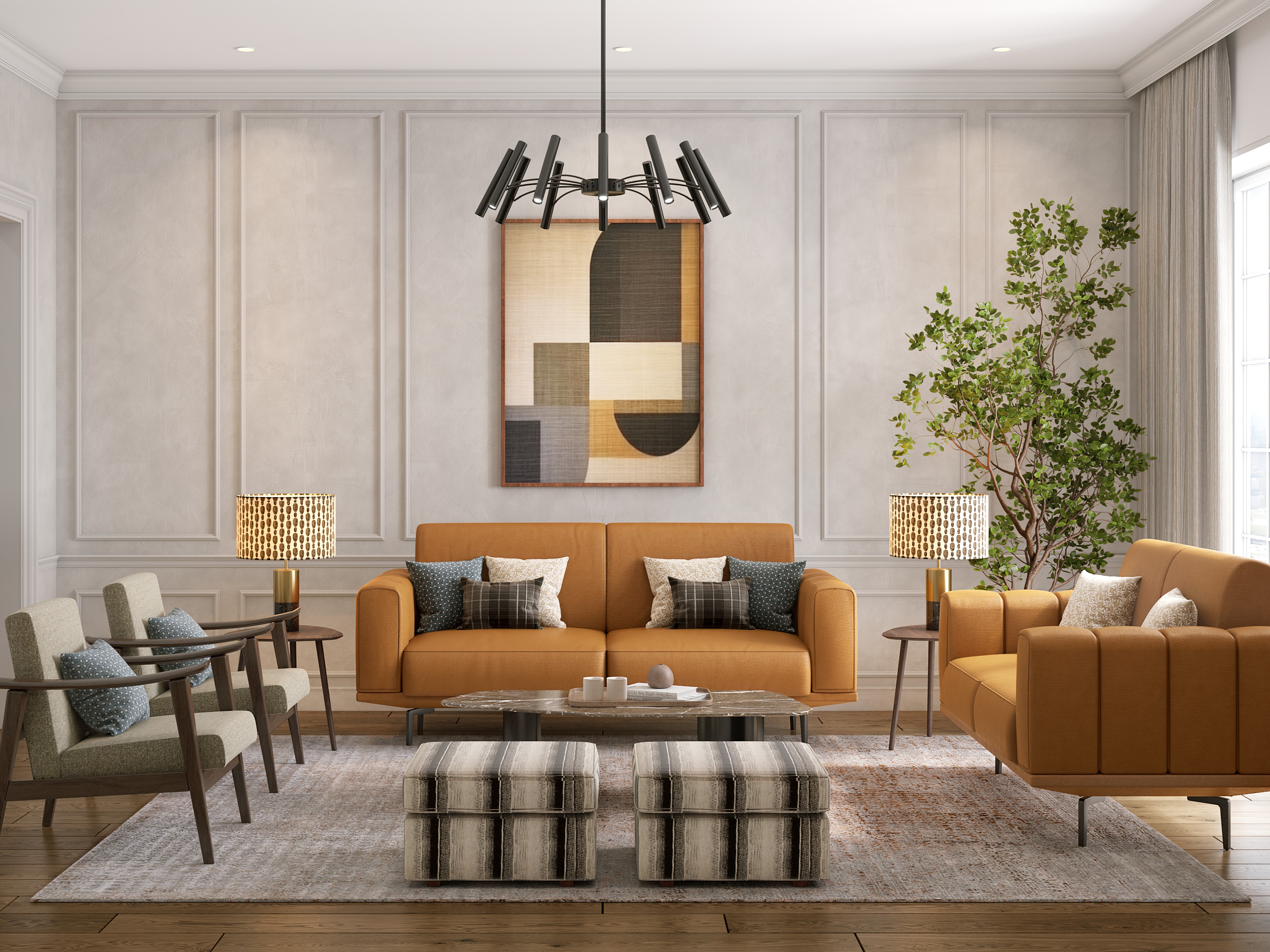 Modern living room with orange sofa and décor - Beautiful Homes