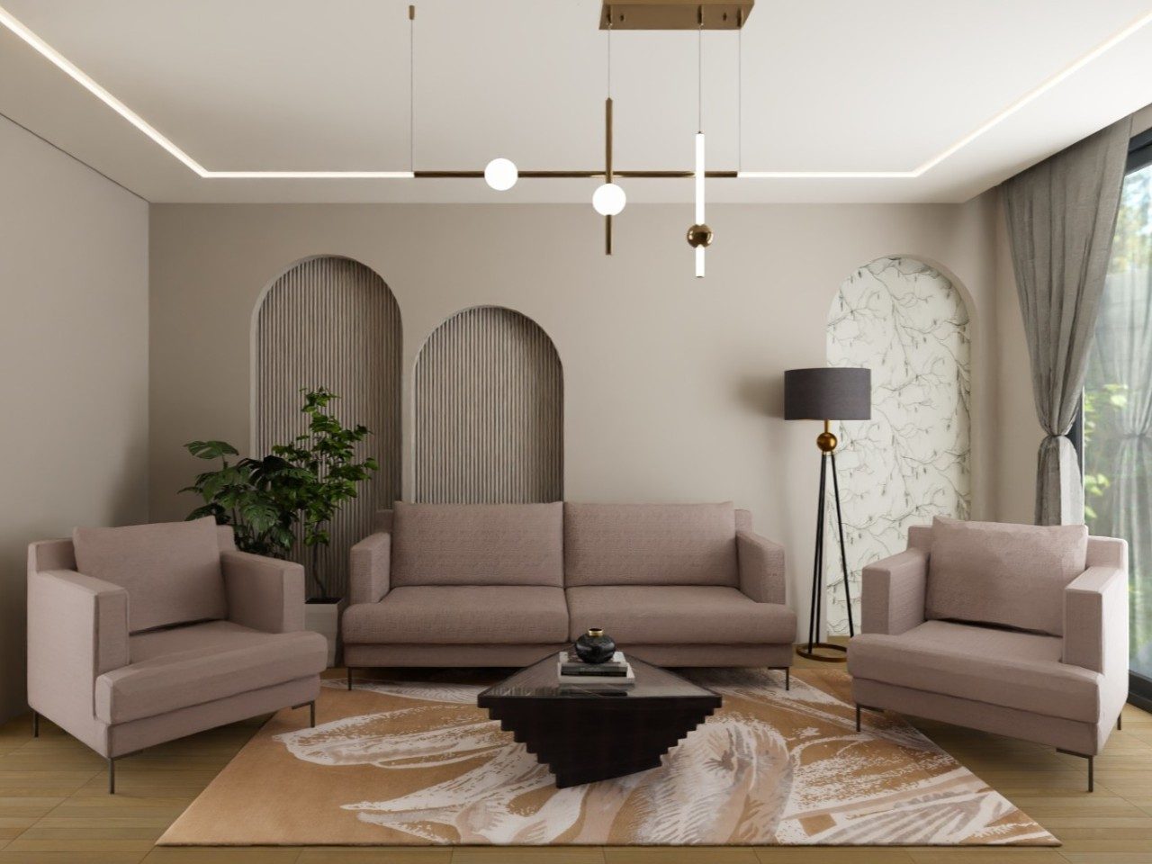 Living room with beige furniture and wooden floor - Beautiful Homes