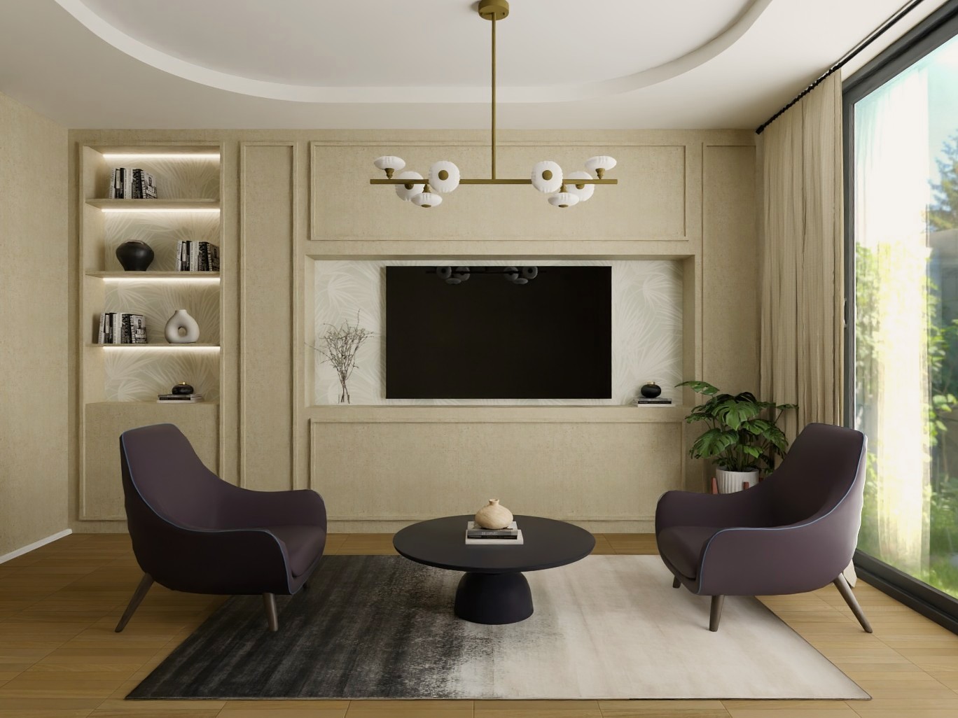 Living room with modern décor and large window - Beautiful Homes