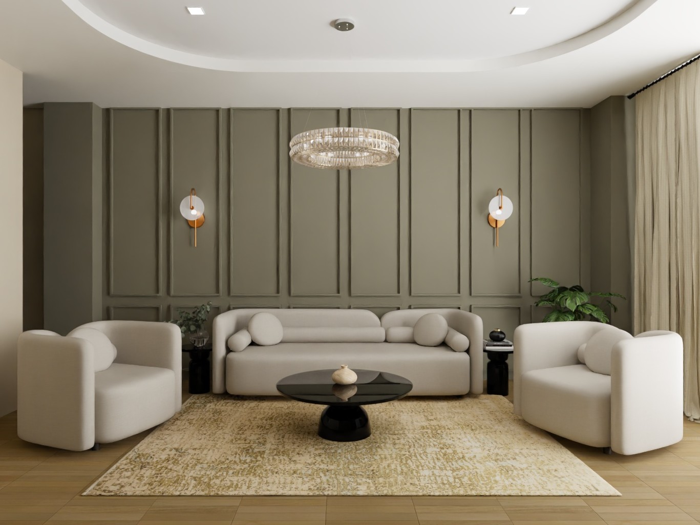 Living room with beige sofa and black table - Beautiful Homes