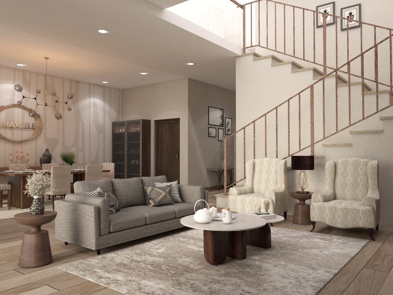 Modern living room with beige sofa and warm décor - Beautiful Homes