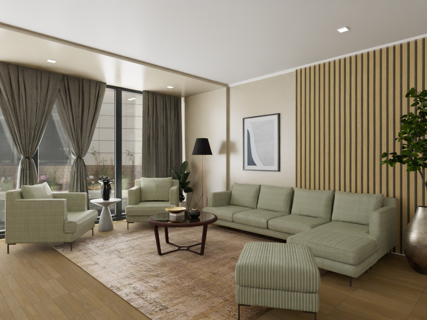 Modern living room with green sofa and décor - Beautiful Homes