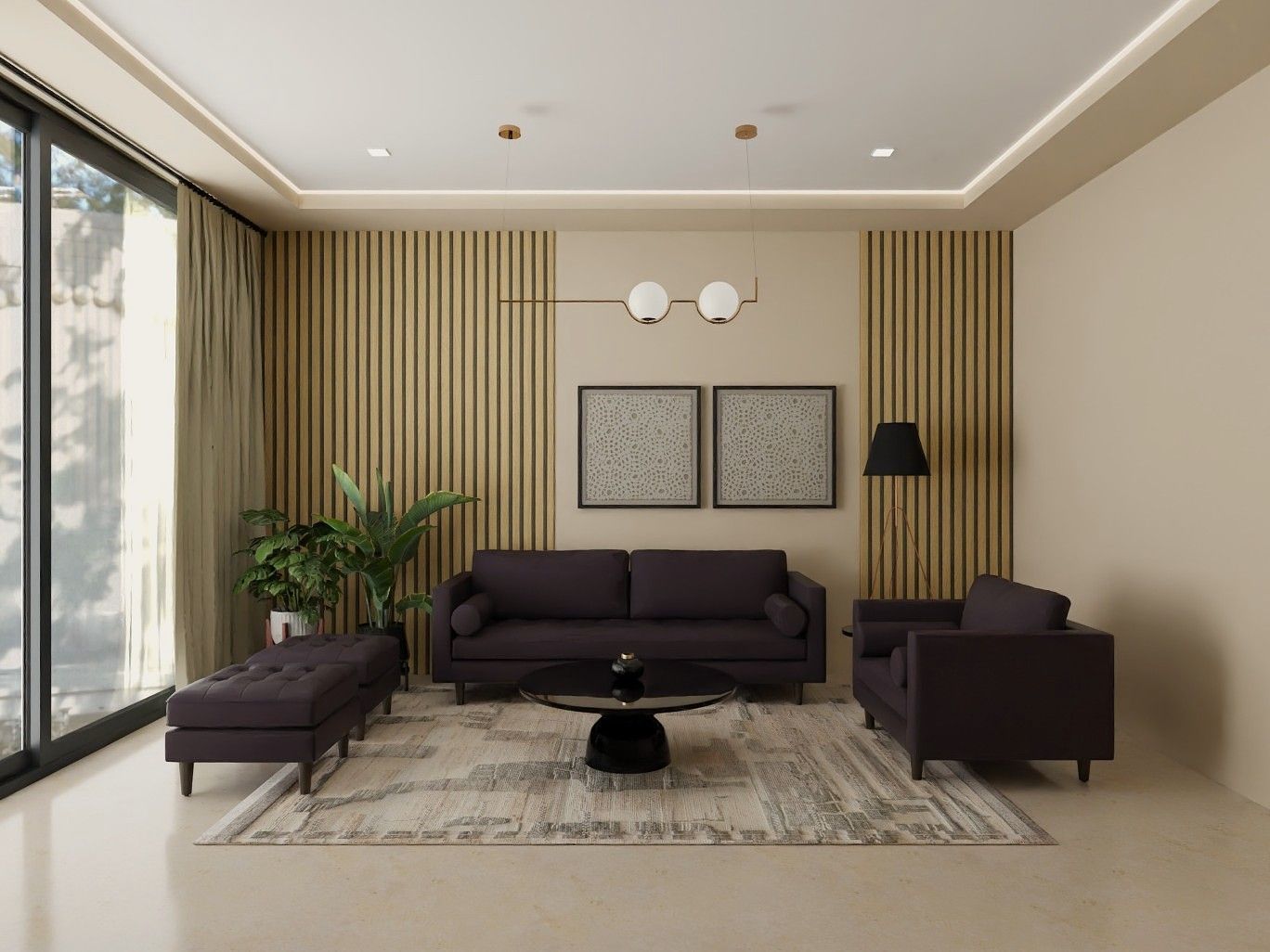 Living room featuring dark furniture, wood slat walls, and globe pendant lights - Beautiful Homes