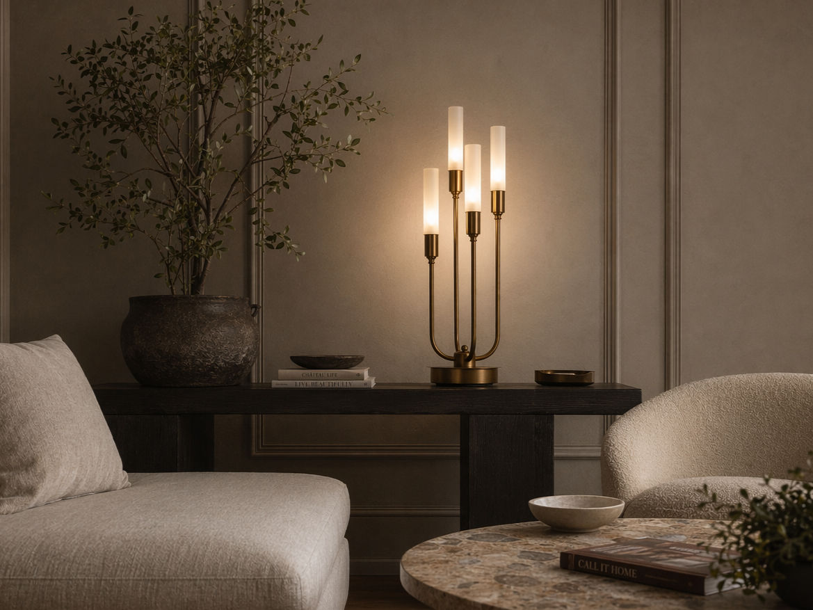 Contemporary brass table lamp with four frosted glass shades placed on a dark wood console table in a neutral living room - Beautiful Homes