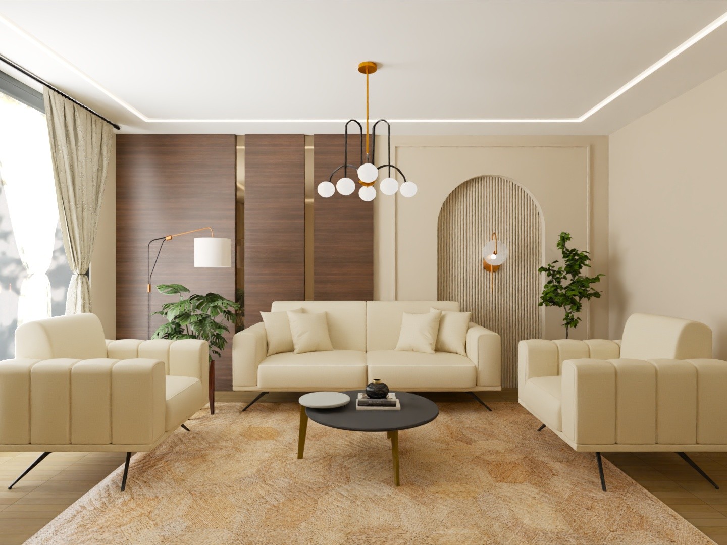 Modern living room with beige sofa and wood panel - Beautiful Homes