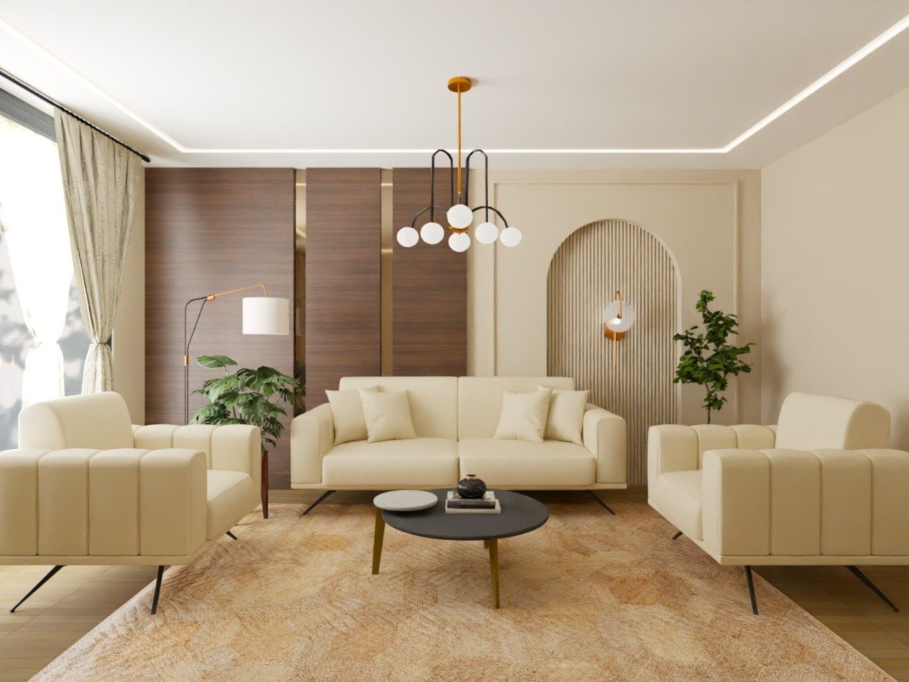 Modern living room with beige sofa and wood panel - Beautiful Homes