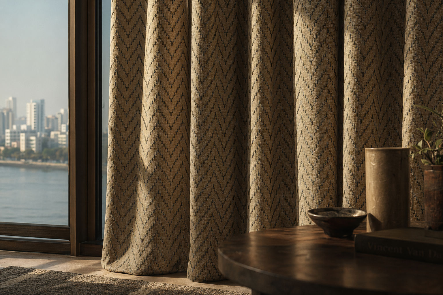 Curtain with a woven chevron pattern in beige, taupe, and charcoal tones - Beautiful Homes