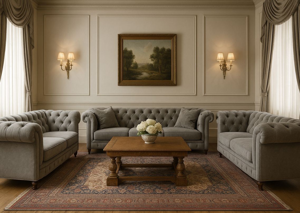 Living room featuring grey sofas and wooden table - Beautiful Homes