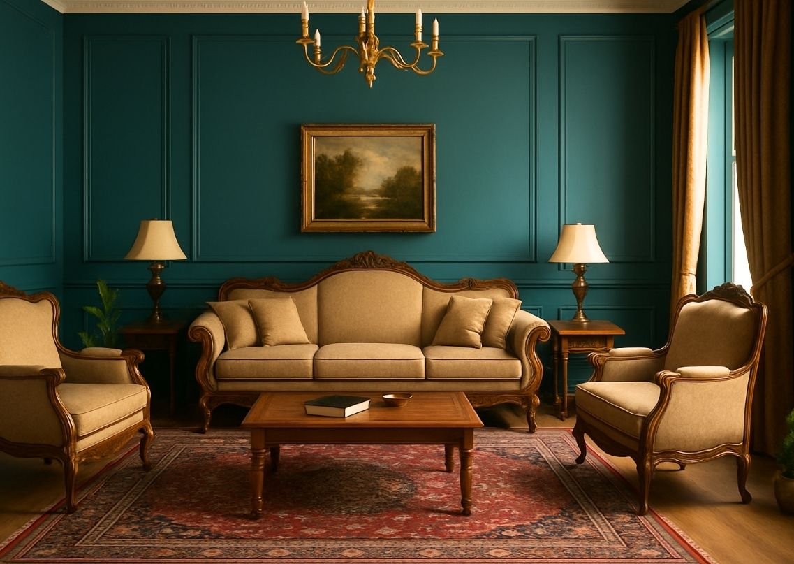 Living room with teal walls and wooden furniture - Beautiful Homes