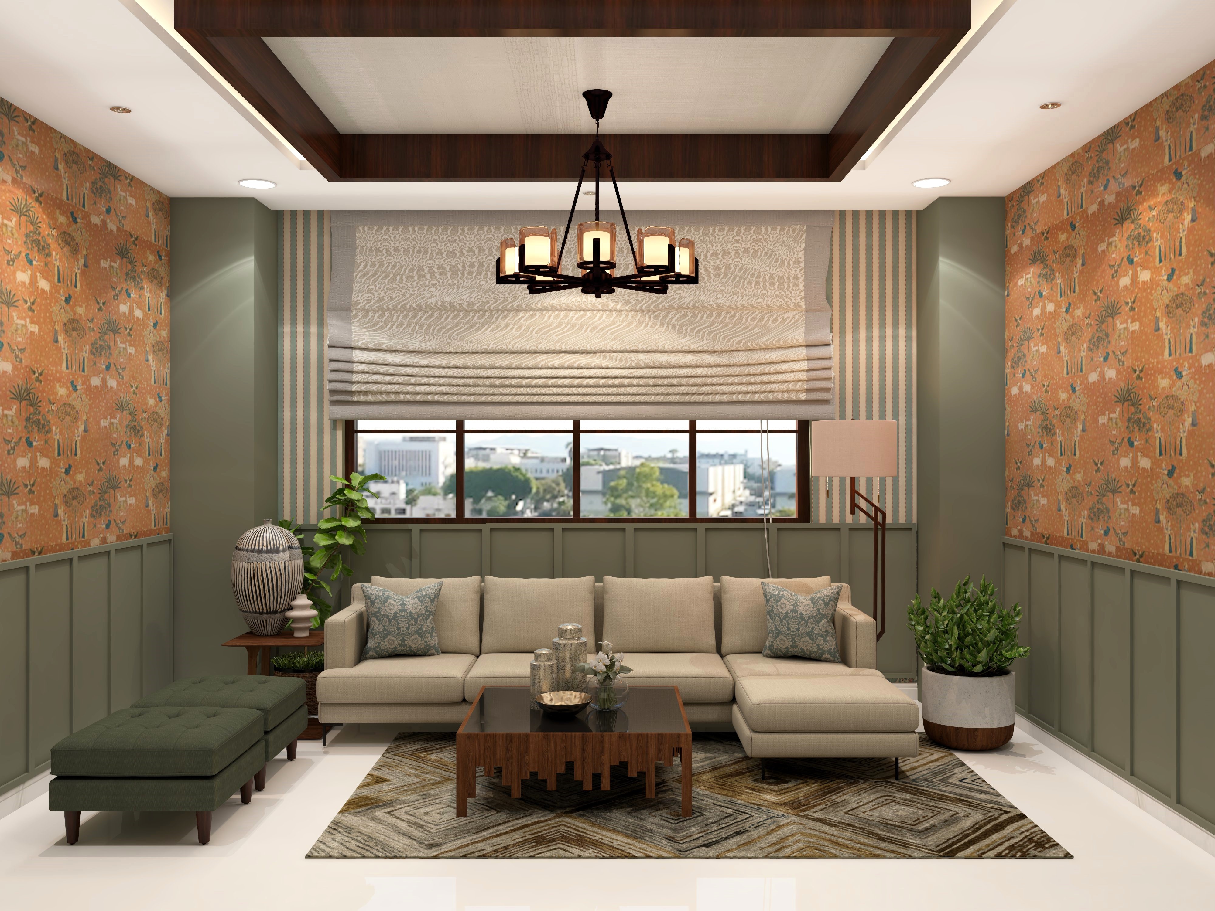 Classic living room with olive green wall and cream upholstered sofa - Beautiful Homes