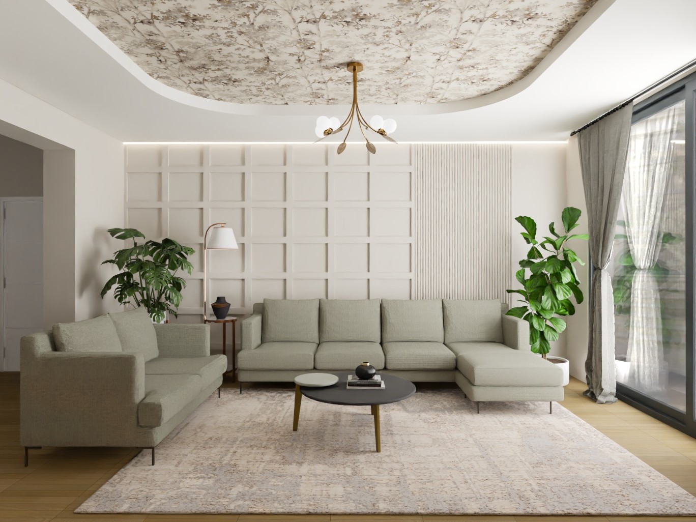 Living room with beige sofa and floral ceiling - Beautiful Homes