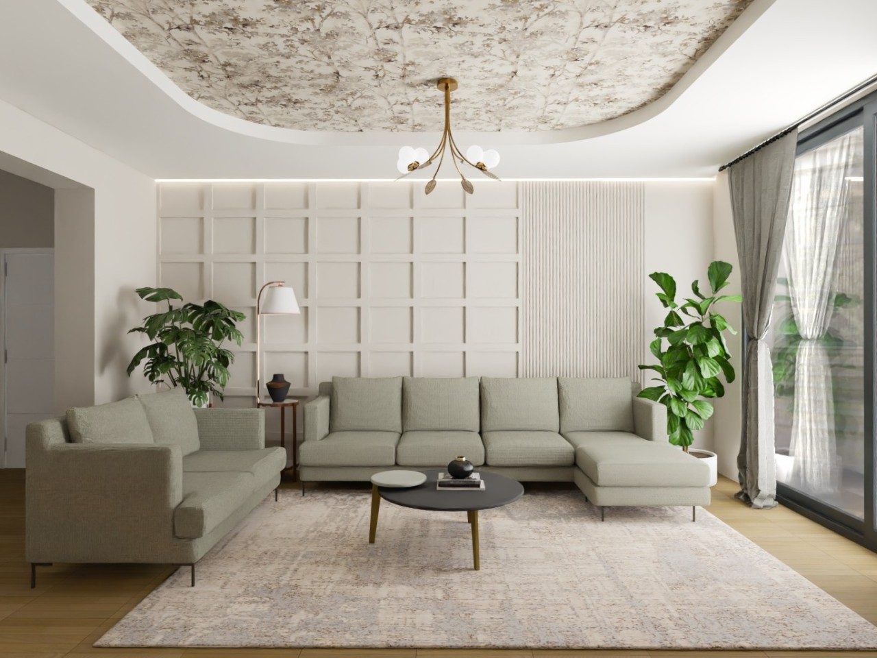 Living room with beige sofa and floral ceiling - Beautiful Homes