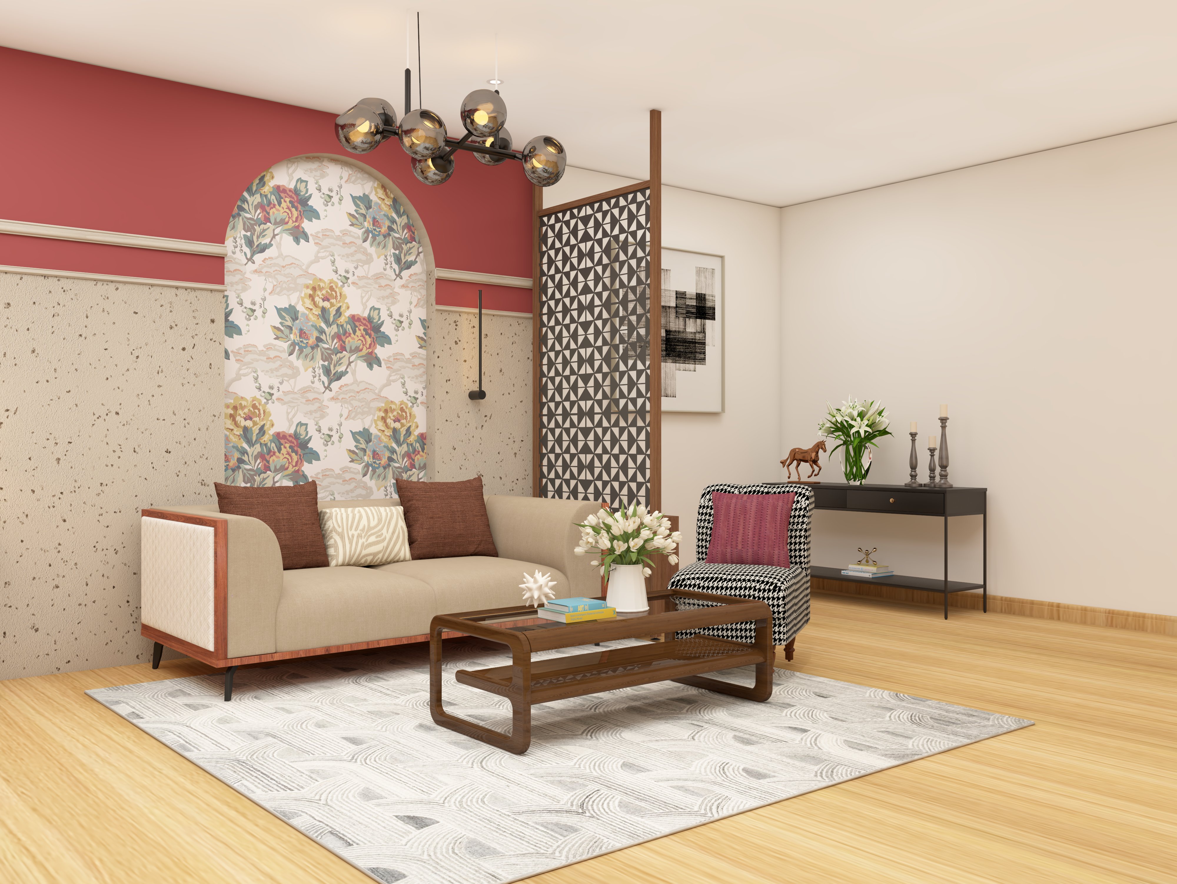 Classic living room with red accent wall and floral wallpaper - Beautiful Homes