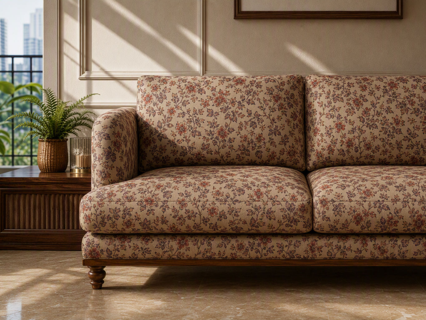 Living room furnishing with a vintage-style sofa upholstered in beige floral fabric, featuring plush seat cushions, rounded arms, and dark wooden legs - Beautiful Homes