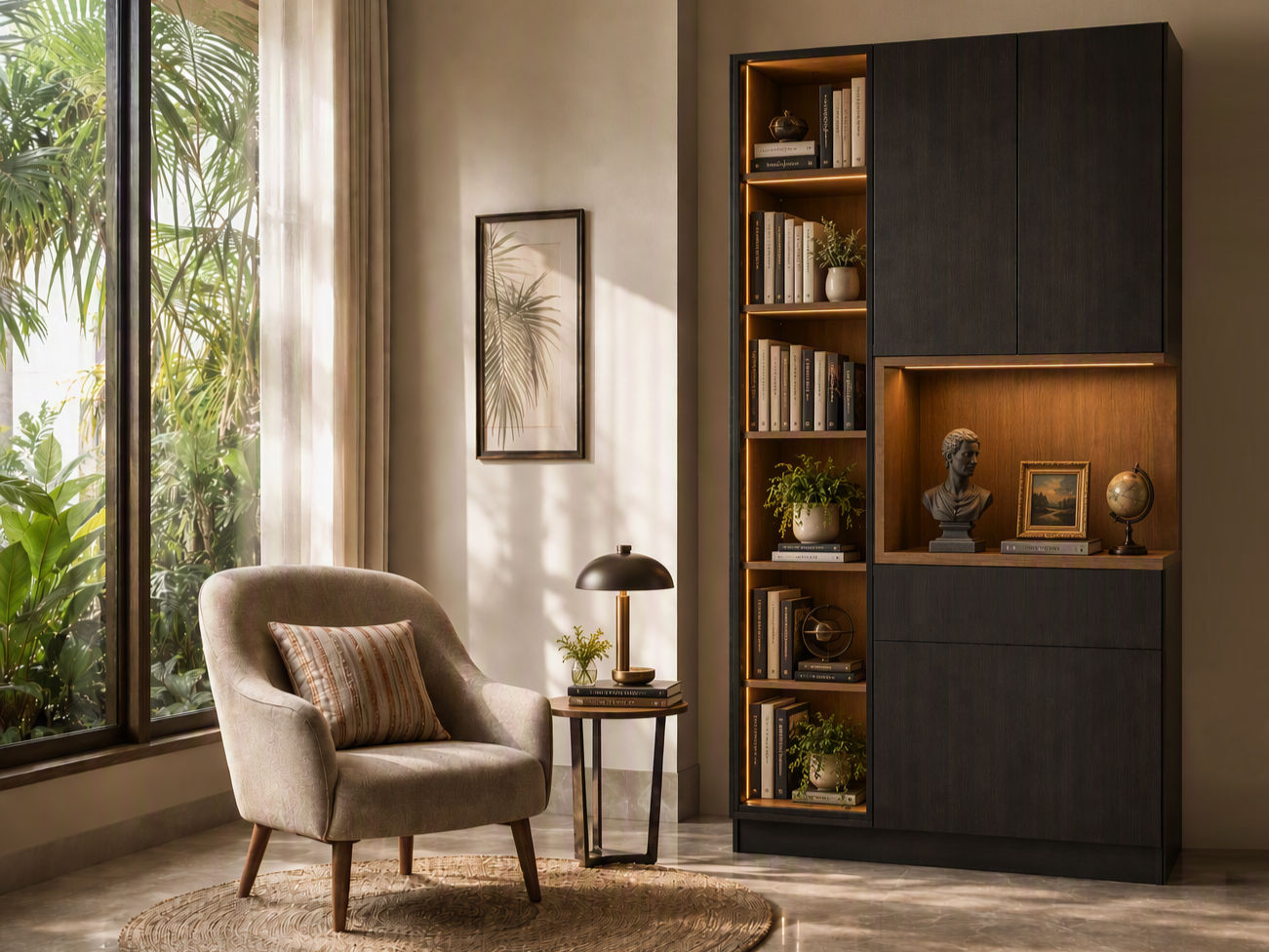 Modern floor-to-ceiling matte black crockery cabinet with warm wood finishes and integrated LED lighting - Beautiful Homes