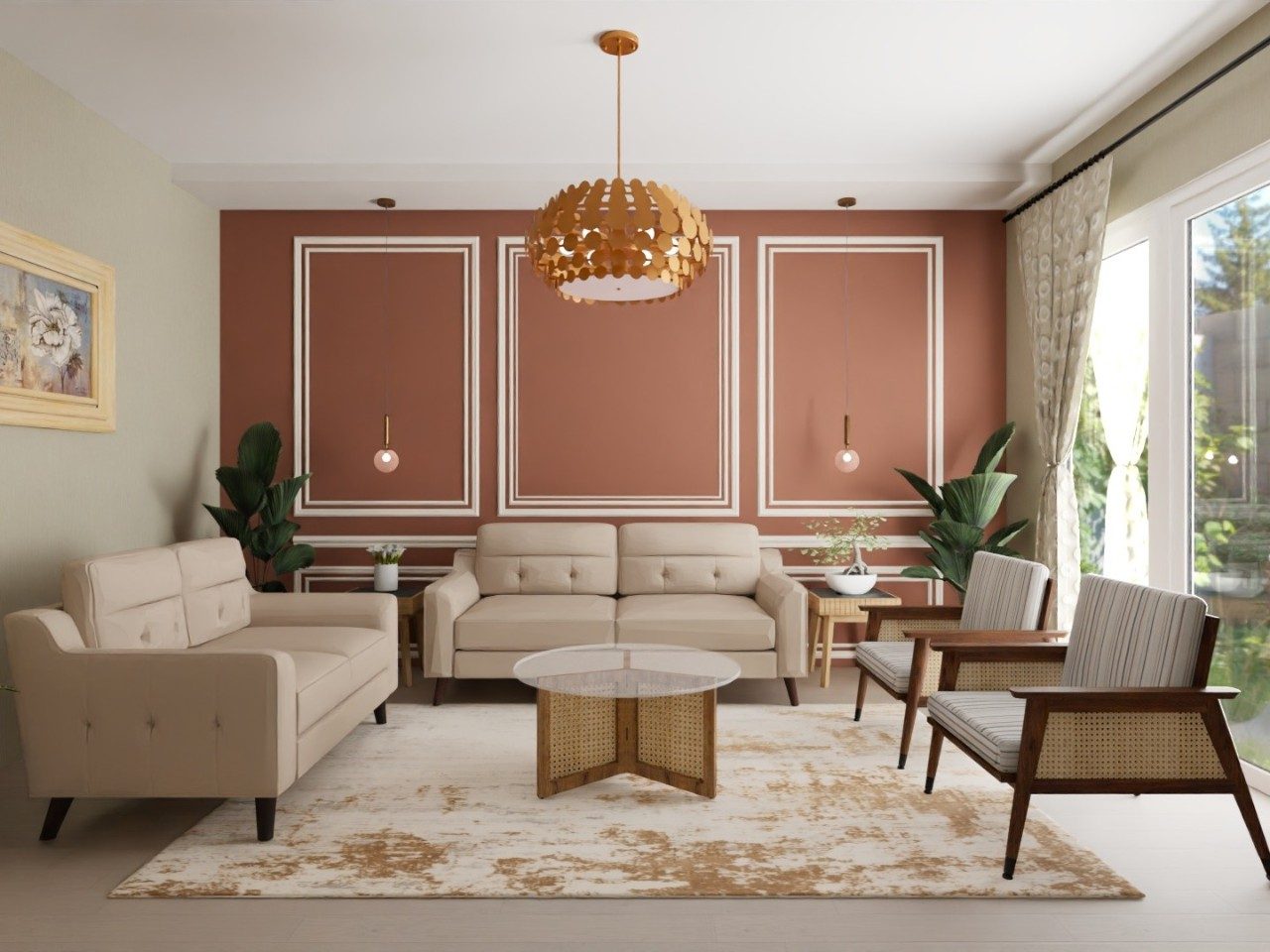 Modern living room with beige sofa and wooden chairs - Beautiful Homes