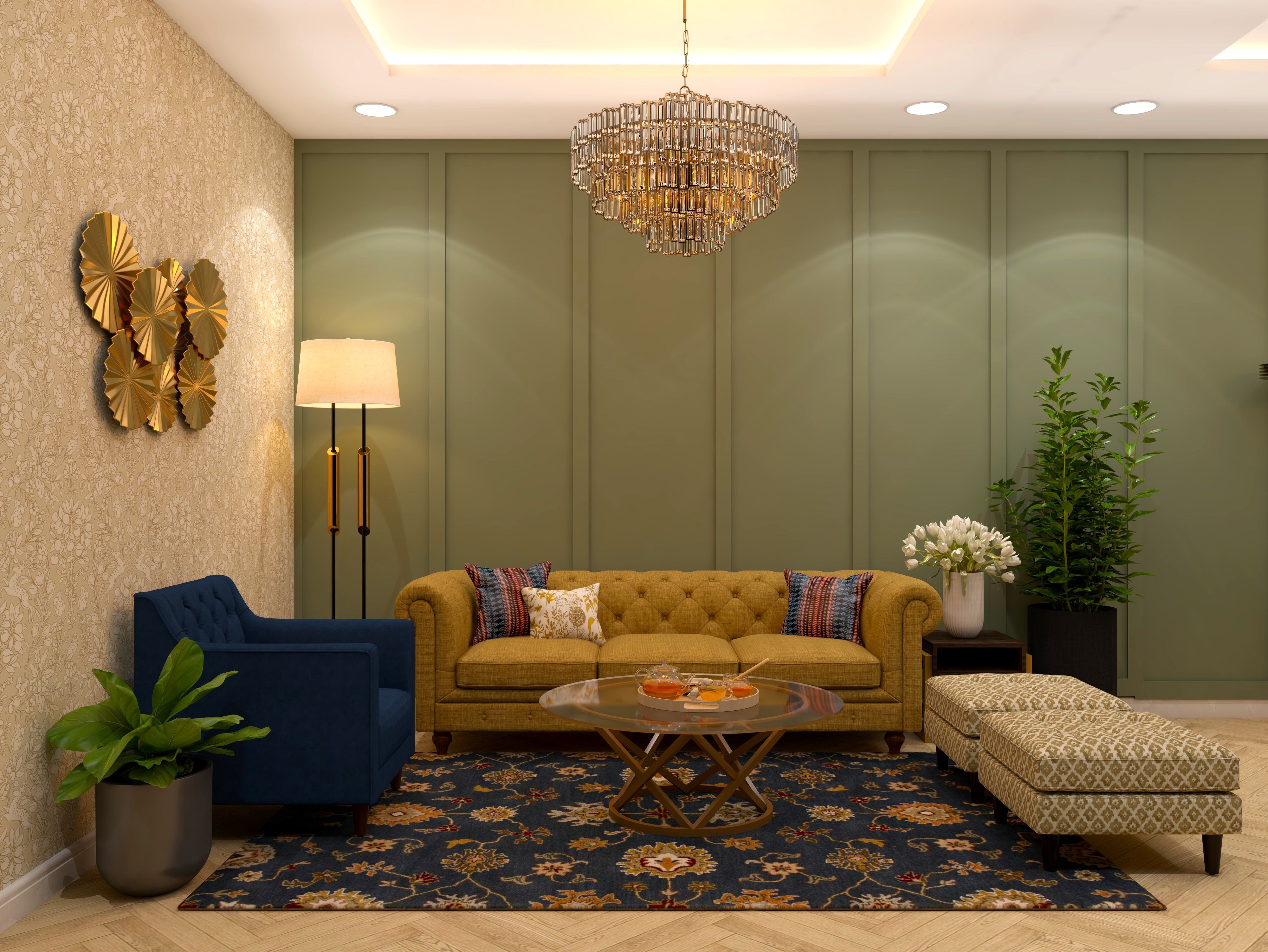 Colorful living room with chesterfield sofa and carpet with motifs-Beautiful Homes