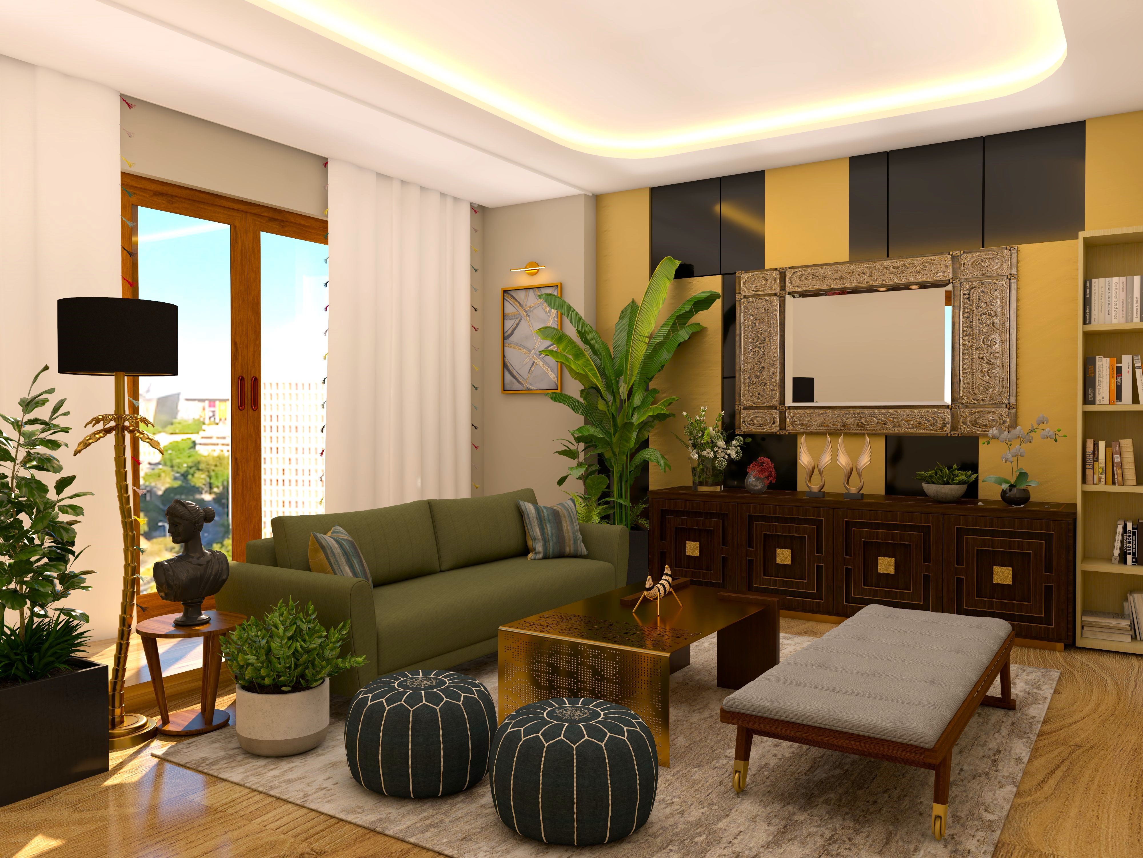 Colorful living room with green sofa and yellow walls with golden center table-Beautiful Homes