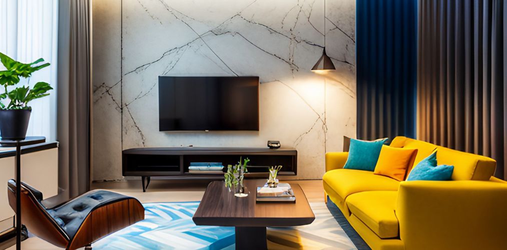 Modern living room with yellow sofa set and white tv showcase-Beautiful Homes