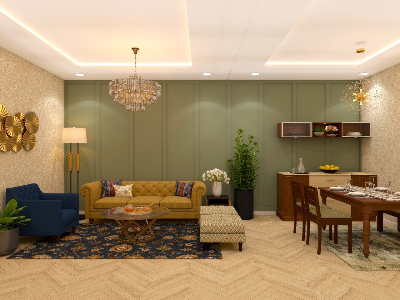 Colorful living room with wooden floor tiles and green paneling-Beautiful Homes