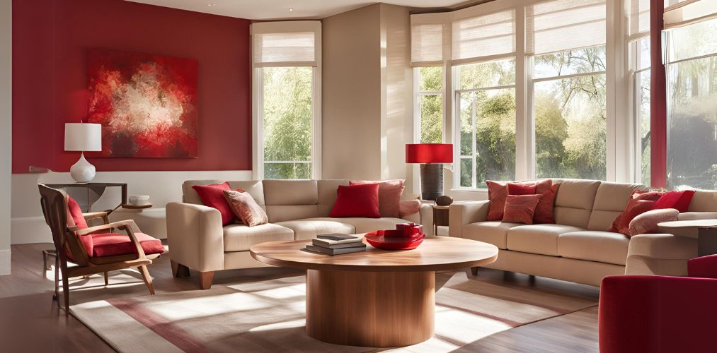 Contemporary beige and red living room with wooden center table - Beautiful Homes