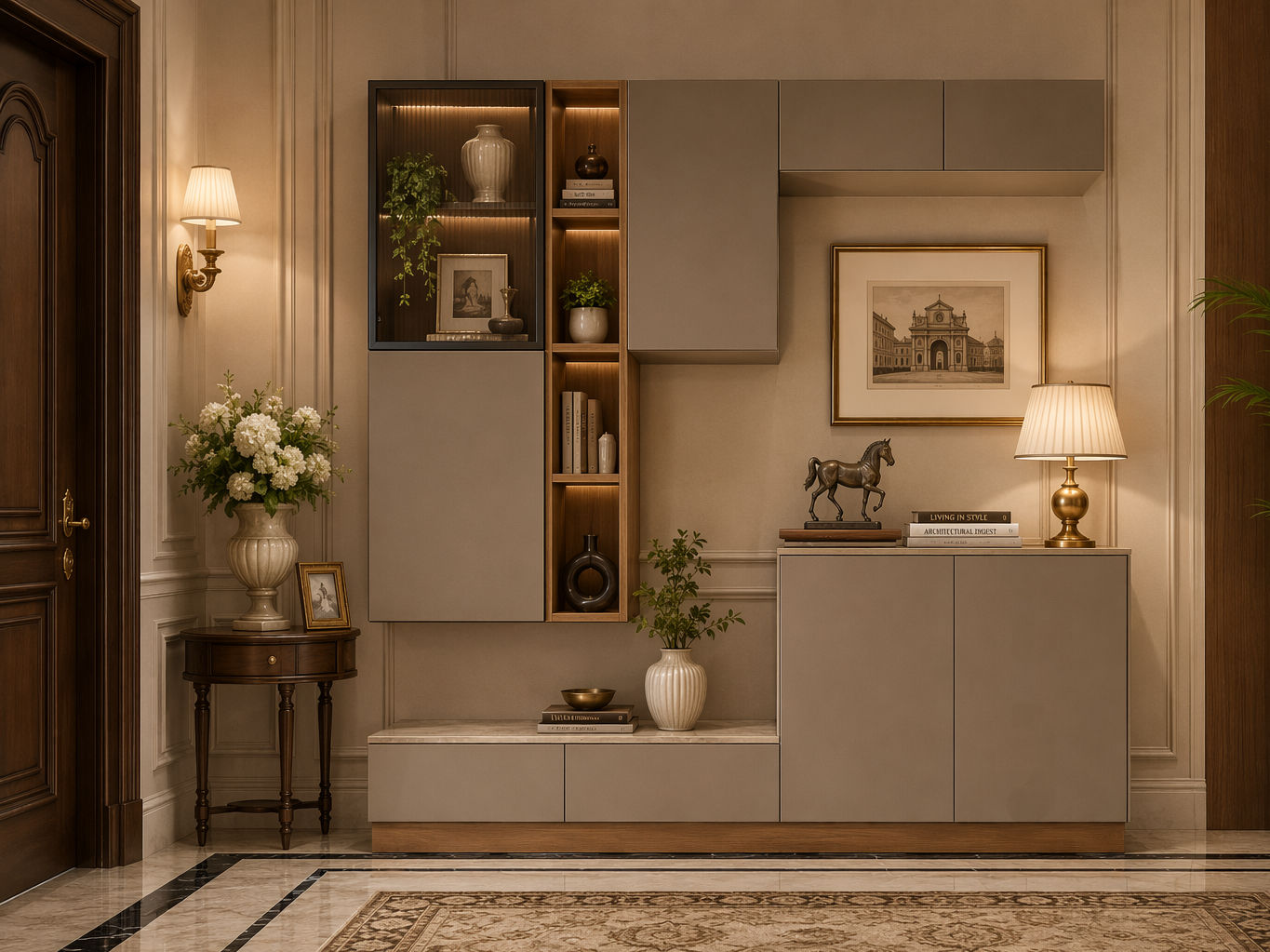 Foyer unit with taupe-grey cabinets, open oak shelving, a glass-front display section, and a matching sideboard - Beautiful Homes