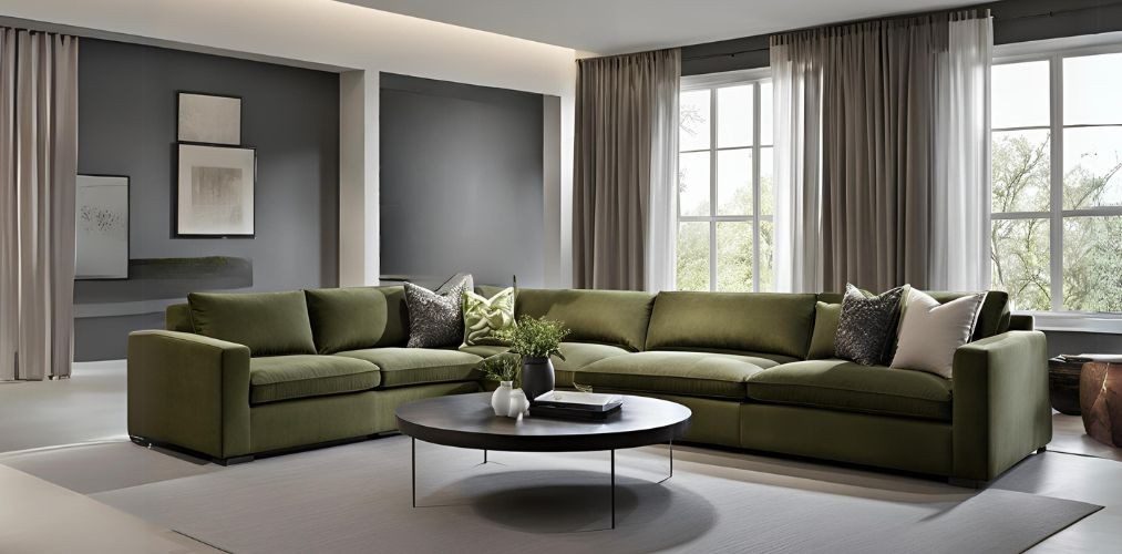 Contemporary grey living room with olive green sofa - Beautiful Homes