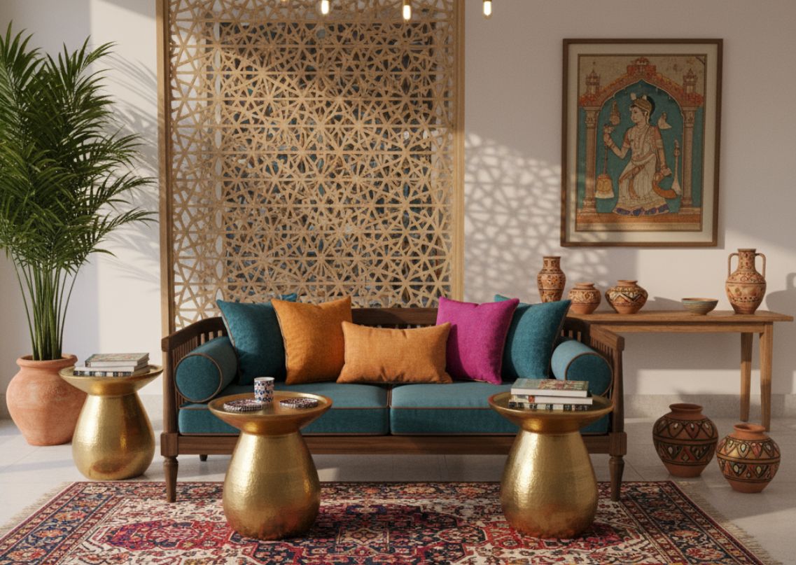 Living room with wooden sofa and earthy décor - Beautiful Homes