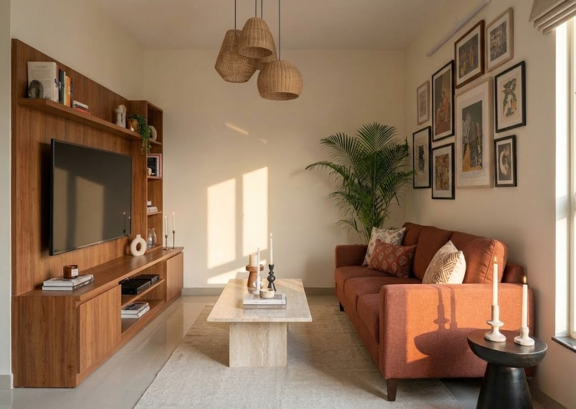 Cozy living room with wooden unit and orange sofa - Beautiful Homes