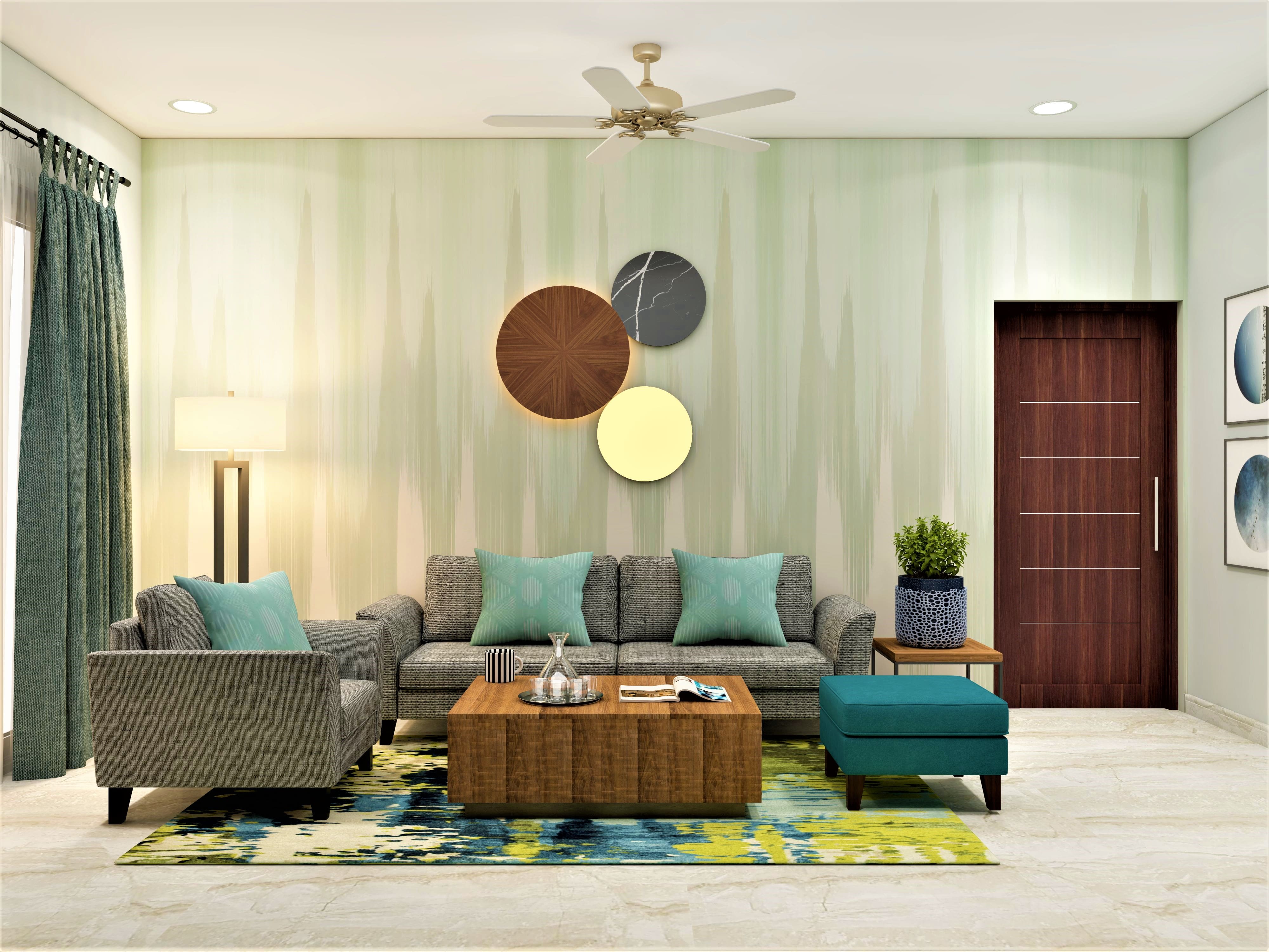 Contemporary living room design with abstract green wallpaper - Beautiful Homes